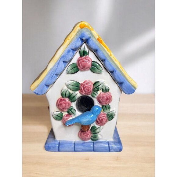 Hand-Painted Ceramic Decorative Birdhouse Candle With Floral & Bluebird Design - Picture 1 of 13
